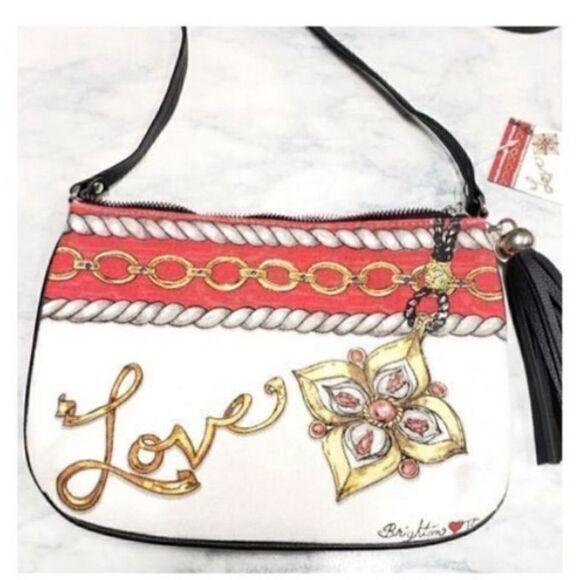 Brighton Women’s Small Crossbody Glitter and Go Pouch White Red with Tassel - Picture 15 of 16